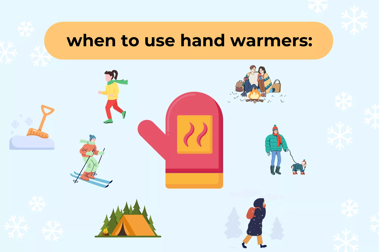 Graphic illustration of various outdoor winter activities like skiing and dog walking paired with a central hand warmer icon.