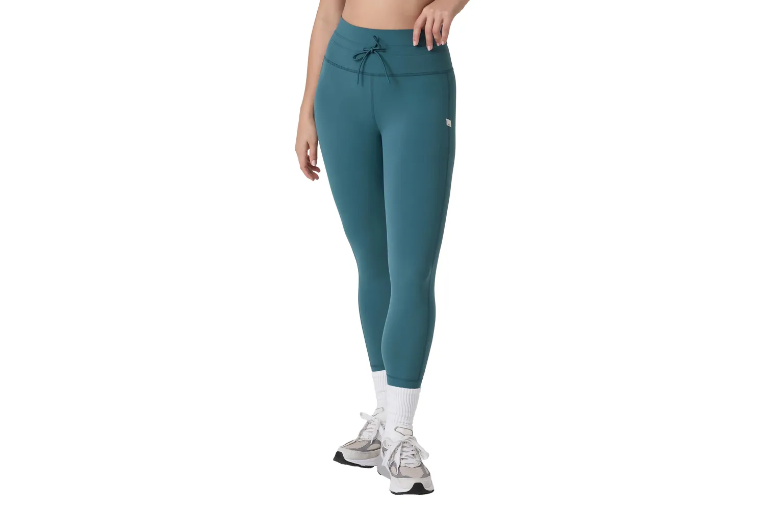 Teal high-waisted leggings featuring a functional drawstring at the waist.