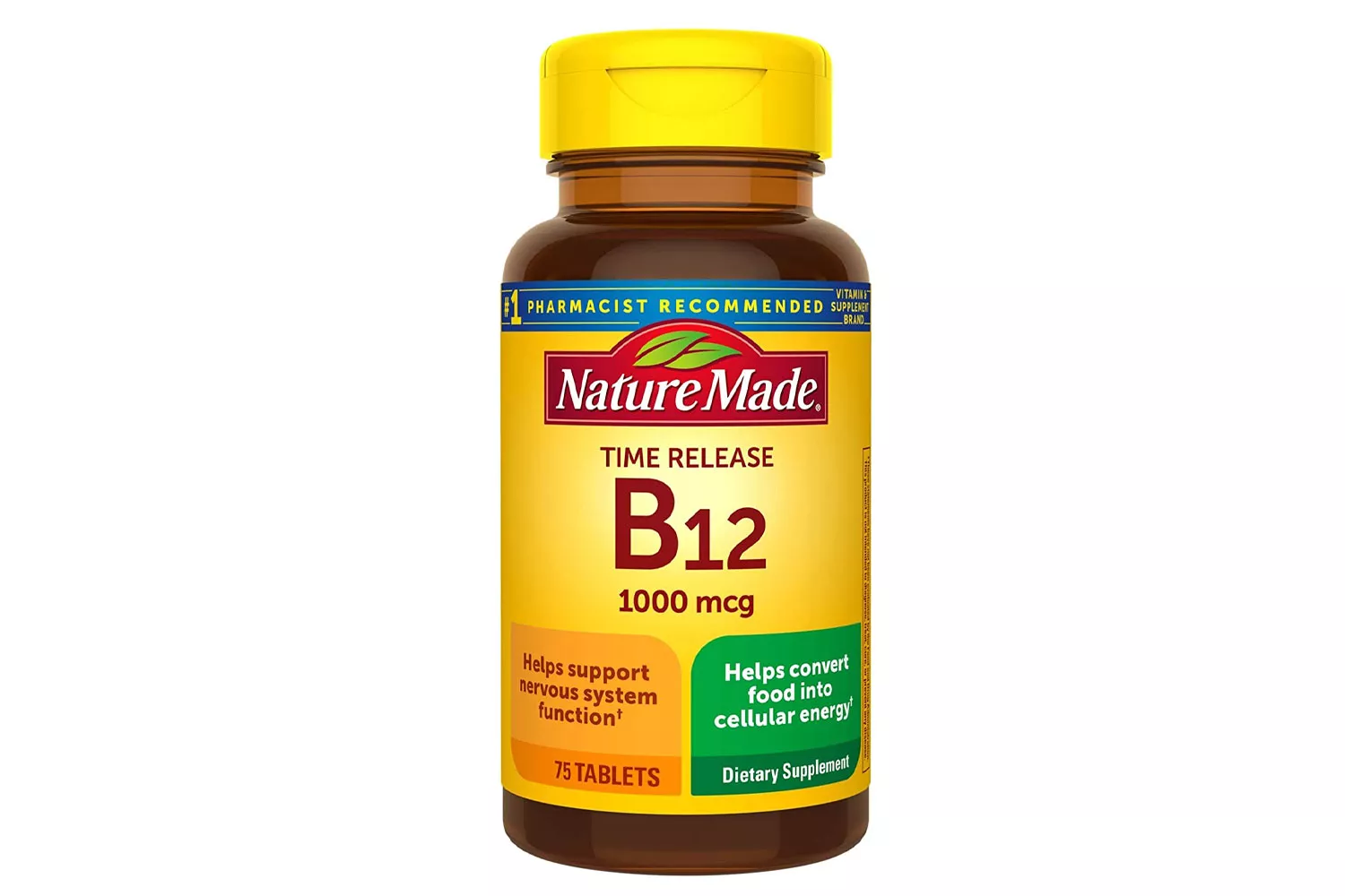 Nature Made Time Release Vitamin B12 bottle showing 75 tablets.