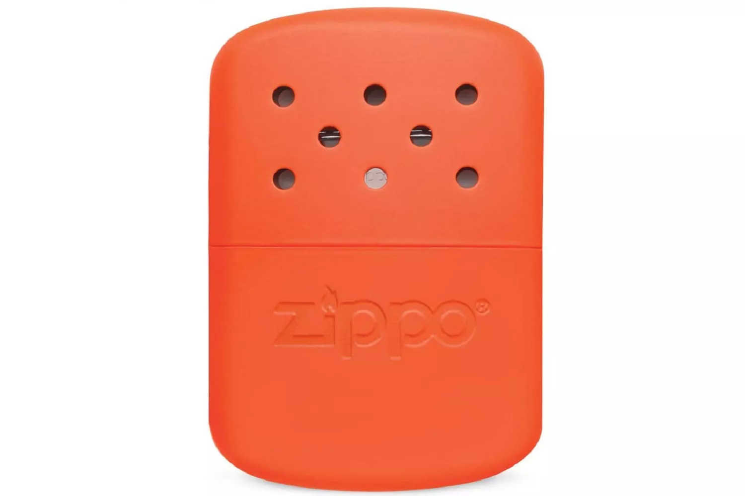 An orange metallic Zippo refillable hand warmer featuring a ventilated top.