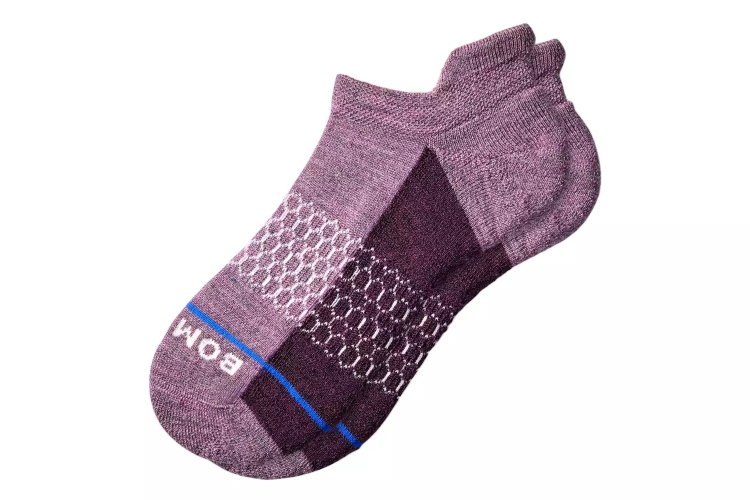 A single purple Bombas ankle sock featuring the signature hexagonal pattern and blue branding.