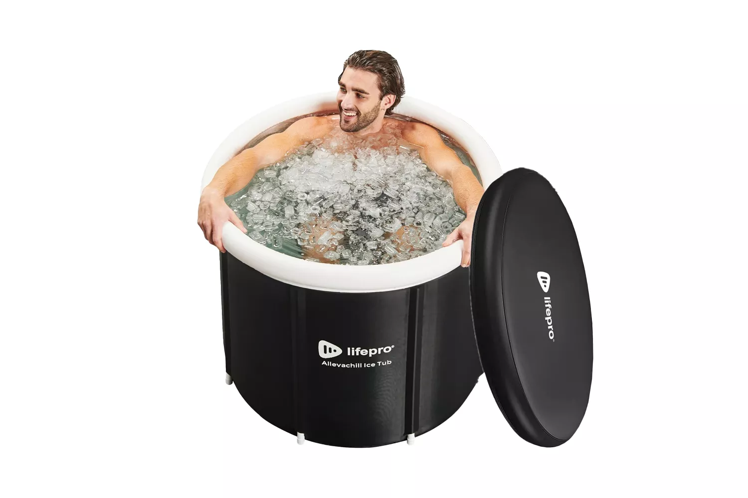 A man submerged in a Lifepro Allevachill ice bath filled with large amounts of ice.