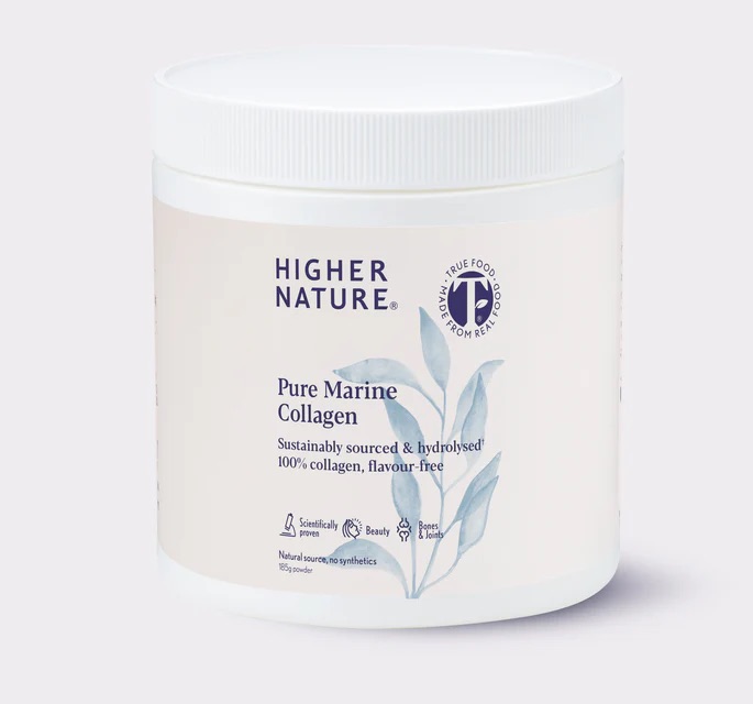 Sustainable marine collagen powder next to a depiction of Type I collagen fibers.