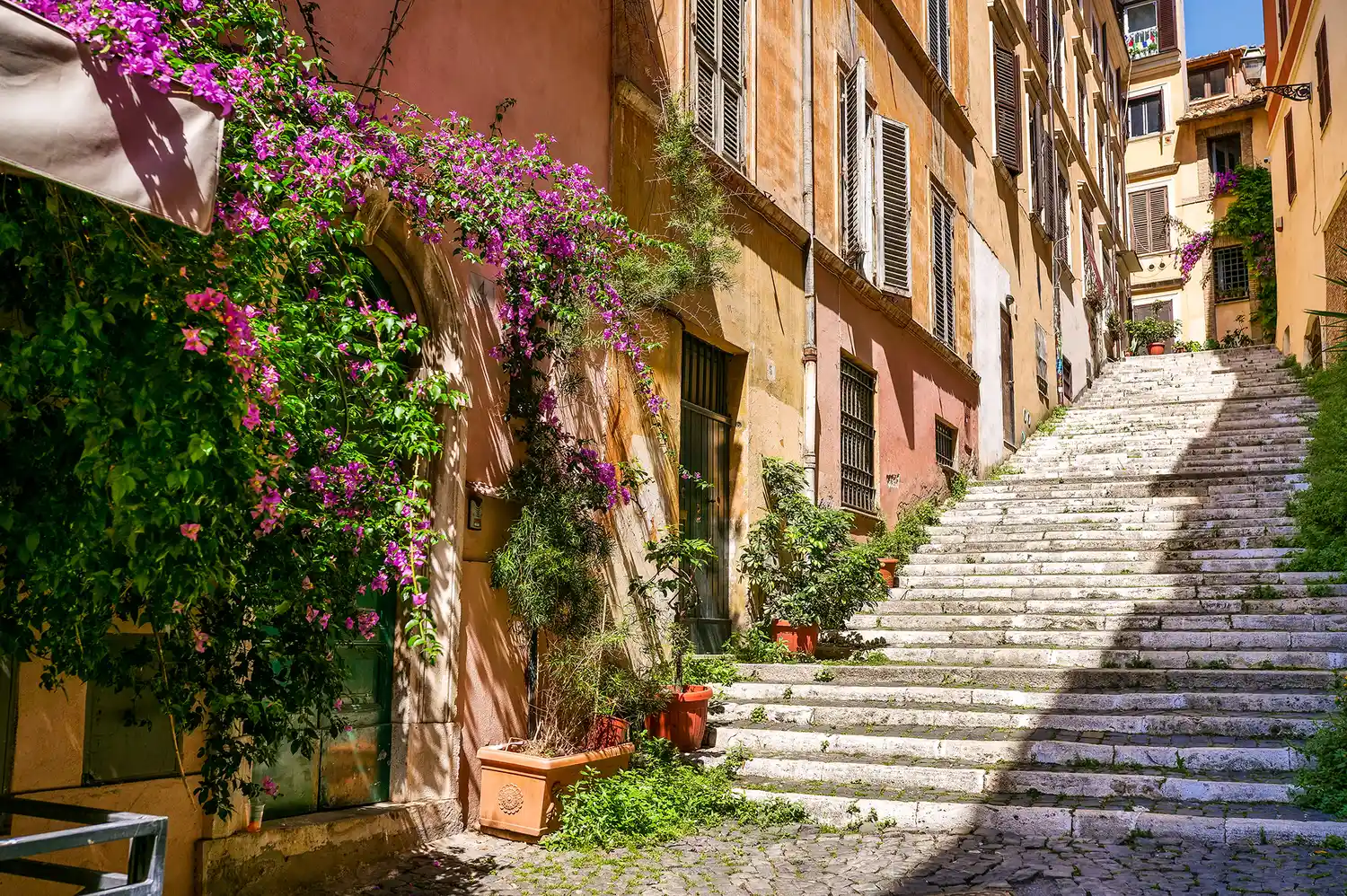 A narrow stone staircase in the Rione Monti district decorated with green plants and purple bougainvillea.