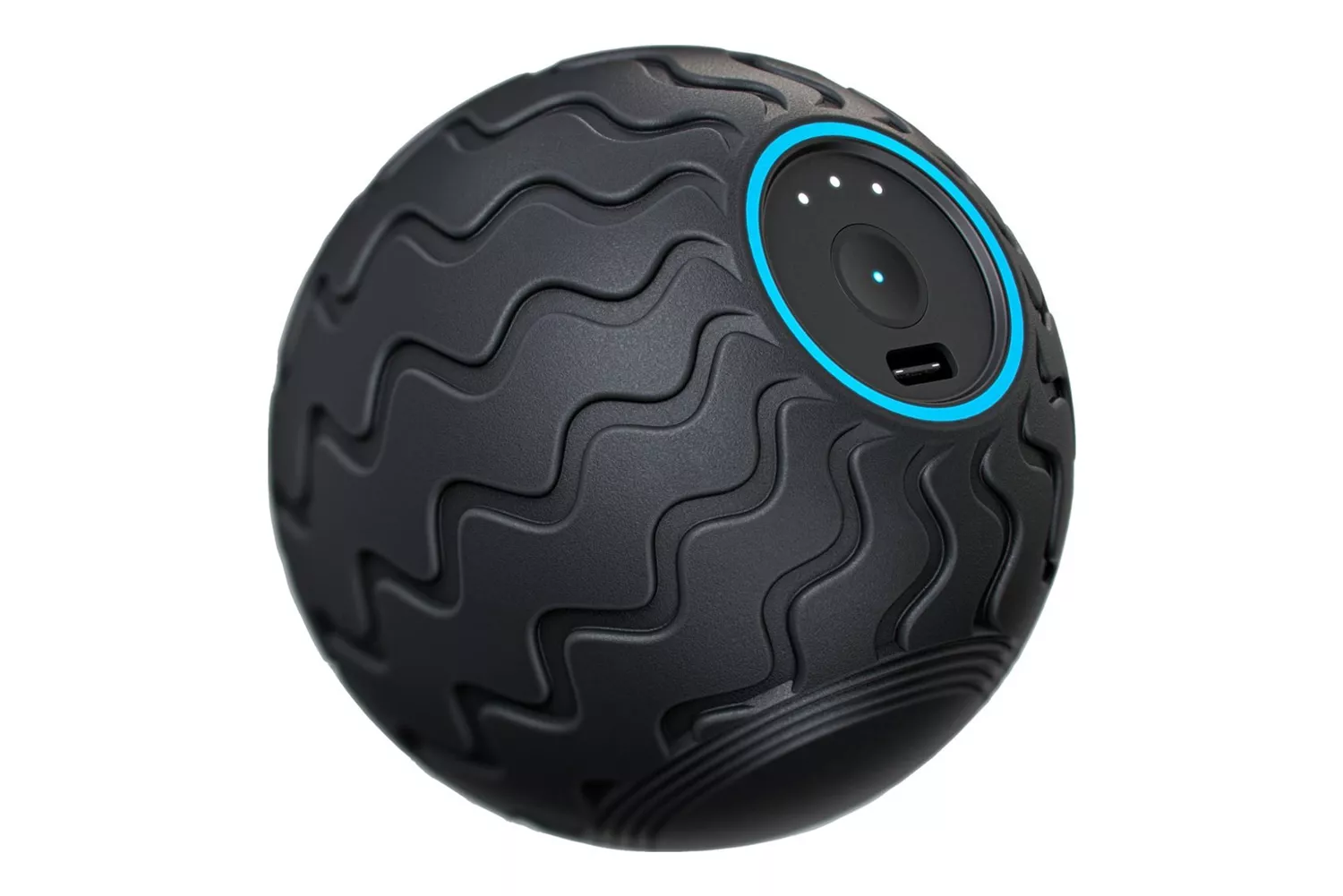 The Therabody Wave Solo vibrating massage ball with a blue-lit power indicator.