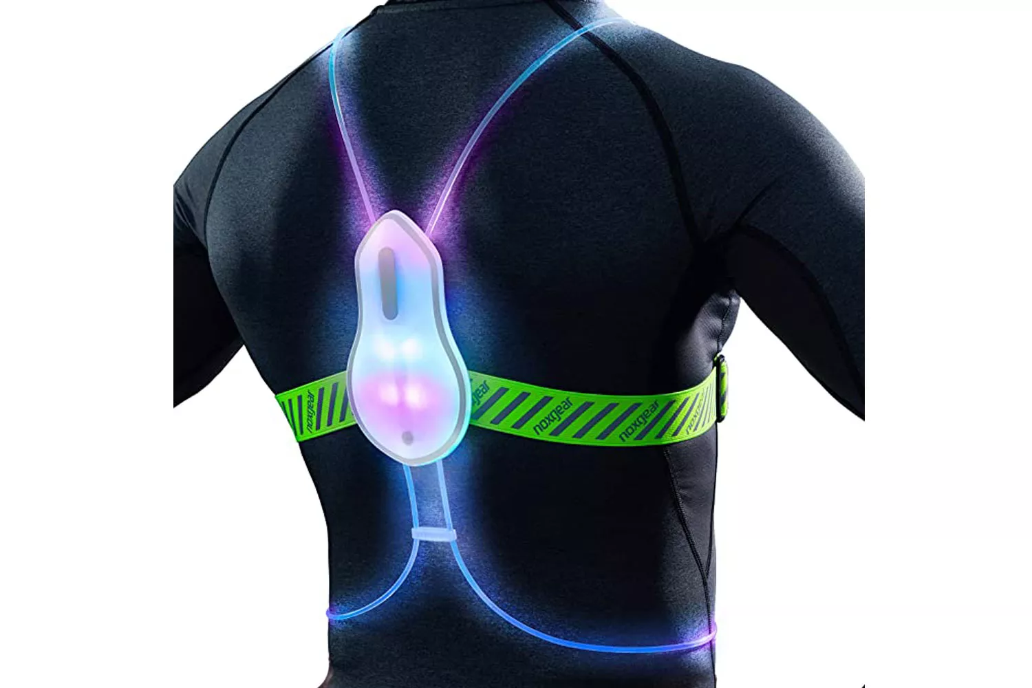 Back view of a person wearing an illuminated Noxgear safety vest with glowing green and blue light-up straps.