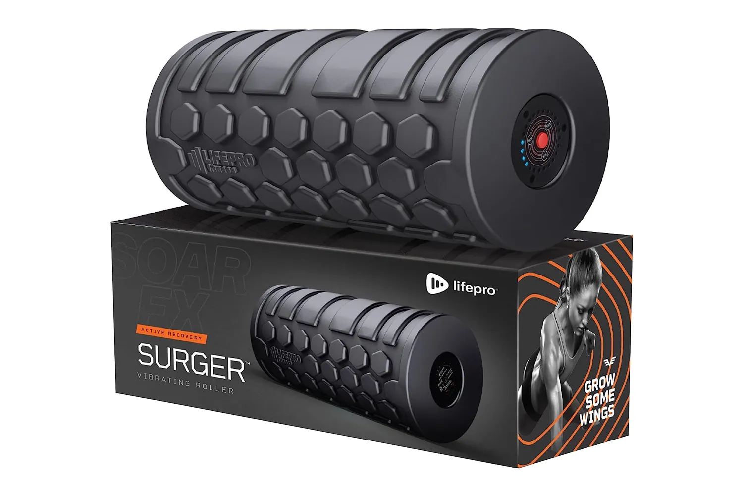 The Lifepro Surger Vibrating Roller packaging highlighting its active recovery features.
