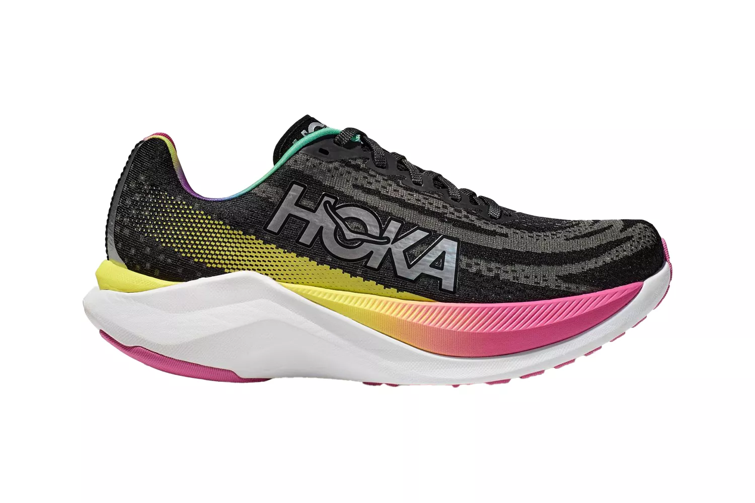 Side-profile view of a Hoka Mach series running shoe with a gradient sole design.