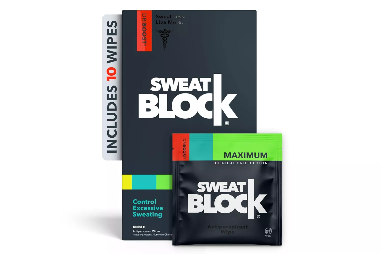 A box of SweatBlock Clinical Strength Antiperspirant Wipes with a single-use packet.