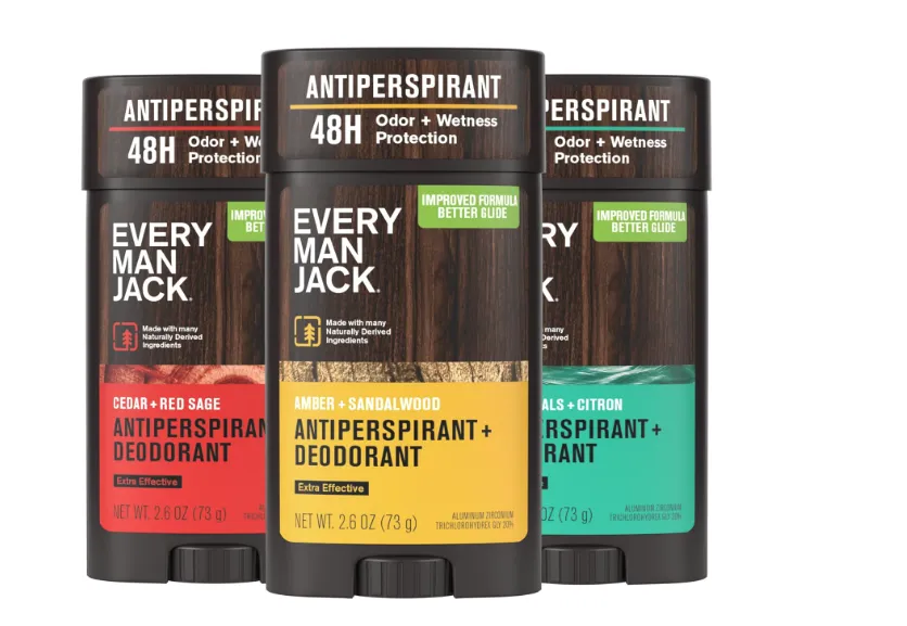 Three different scents of Every Man Jack antiperspirant sticks including Cedar and Citron.