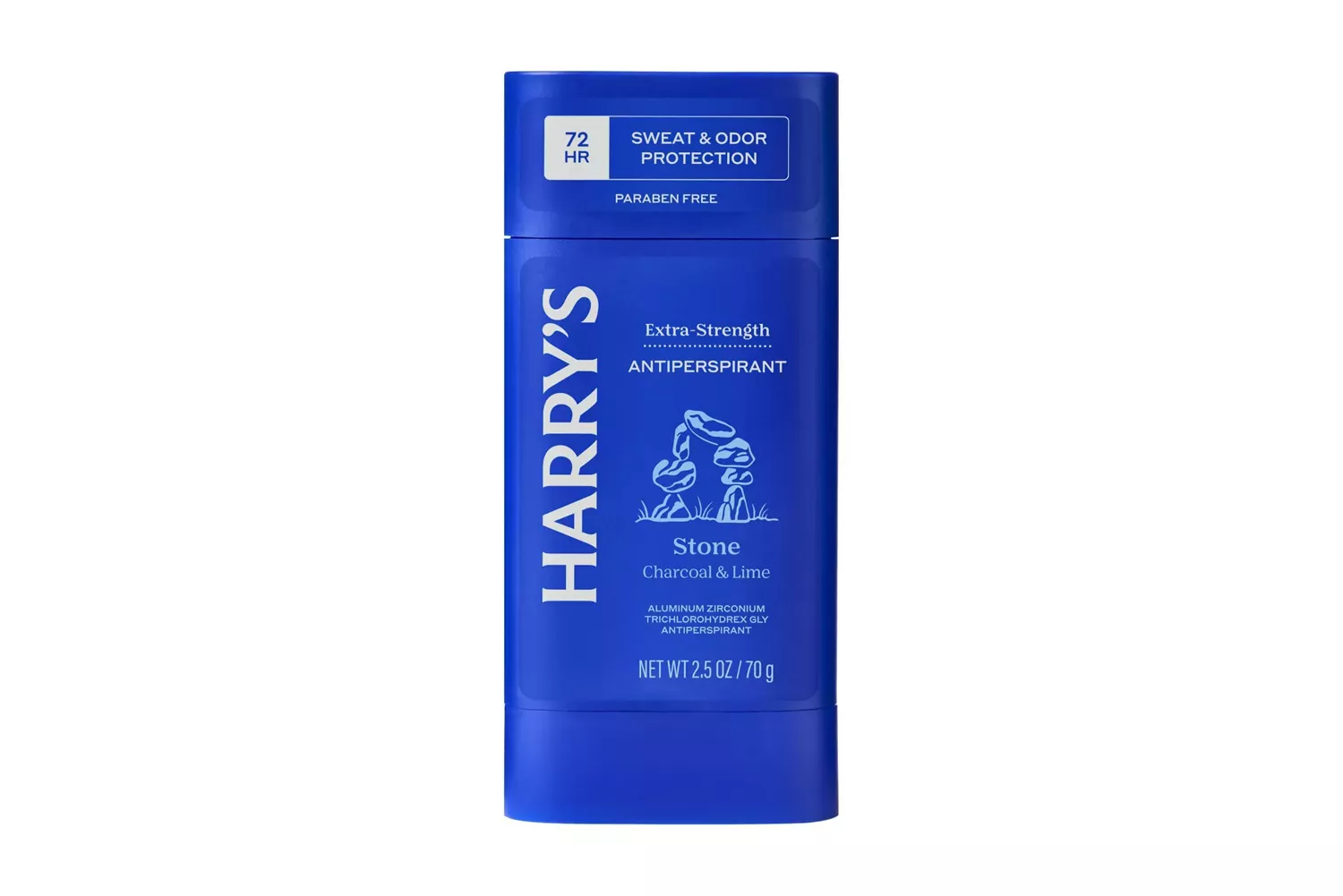 A blue stick of Harry's Extra-Strength Antiperspirant with 72-hour protection label.