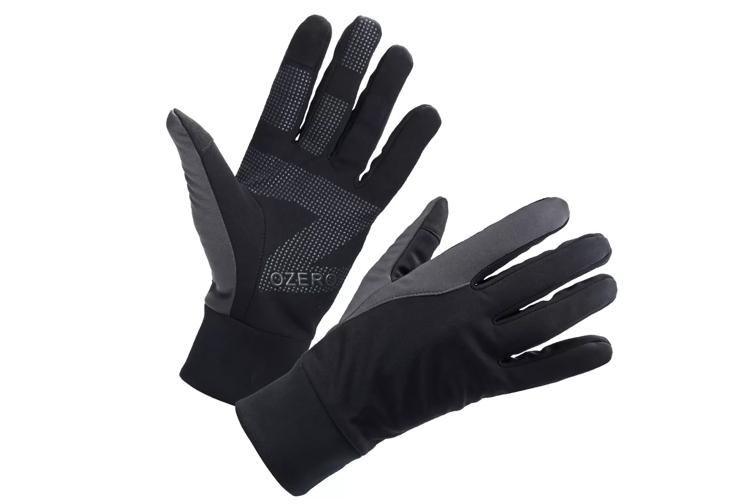 Close-up of black thermal running gloves with textured palms for enhanced grip.