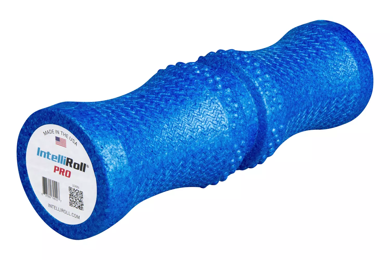 Blue IntelliRoll Pro foam roller with a contoured shape for spinal alignment.