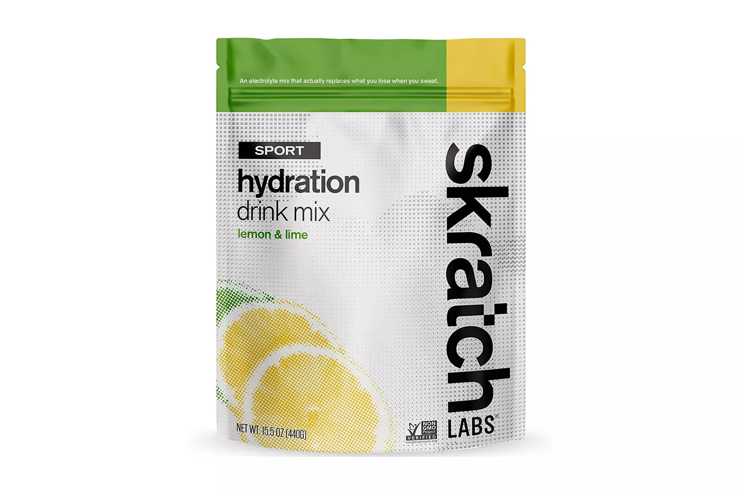 A bag of Skratch Labs Sport Hydration Drink Mix in lemon and lime flavor.