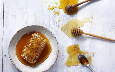 A rustic presentation of honeycomb and honey, representing natural high-carbohydrate nutritional sources.