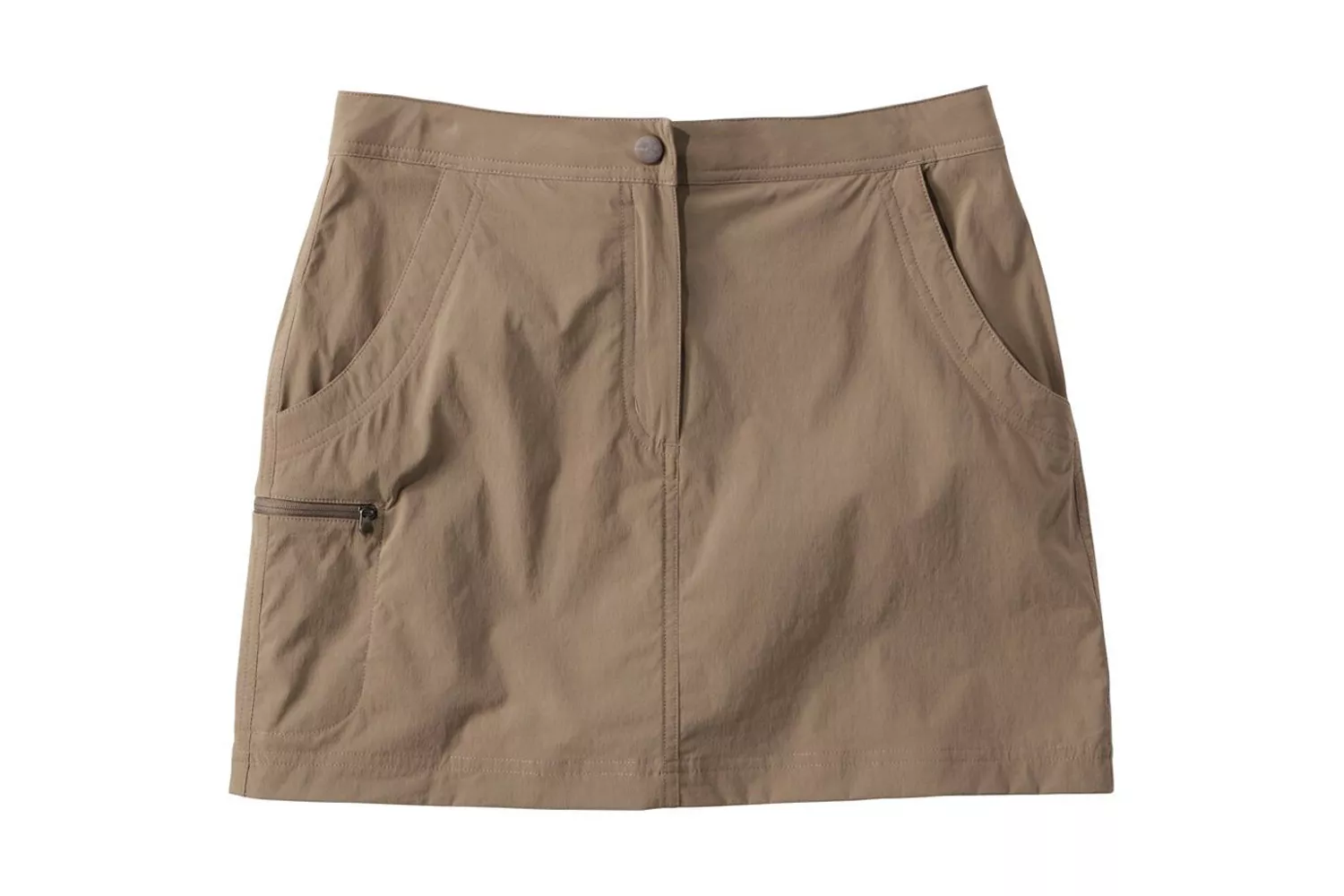 A tan trail skirt with zippered cargo pockets displayed flat.