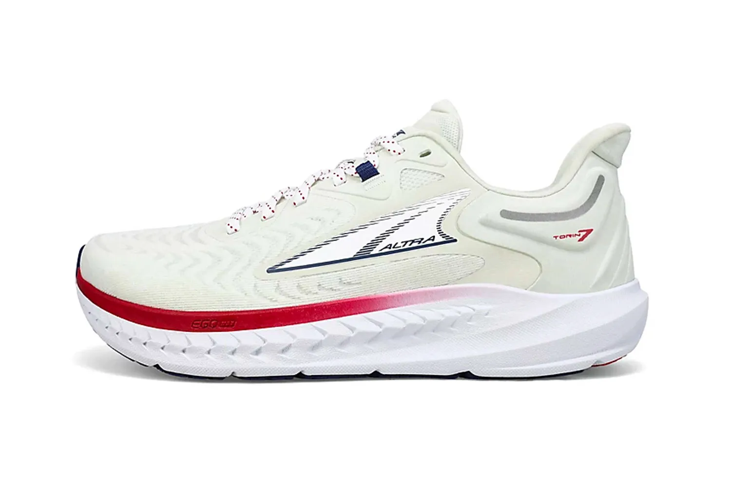 Side profile of a white Altra Torin series shoe showing the thick EGO MAX midsole.