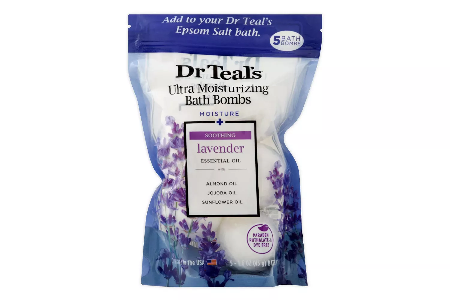 Packaging for Dr. Teal's lavender scented moisturizing bath bombs.