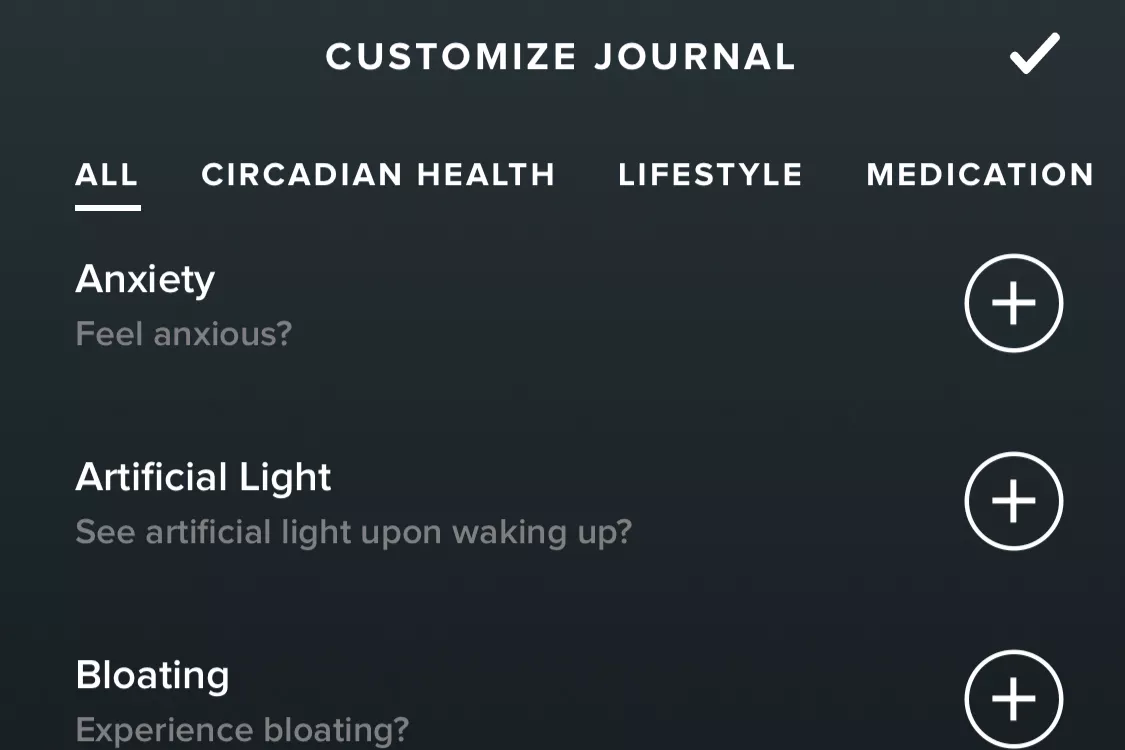 The Whoop Customize Journal interface with options to track anxiety and artificial light exposure.