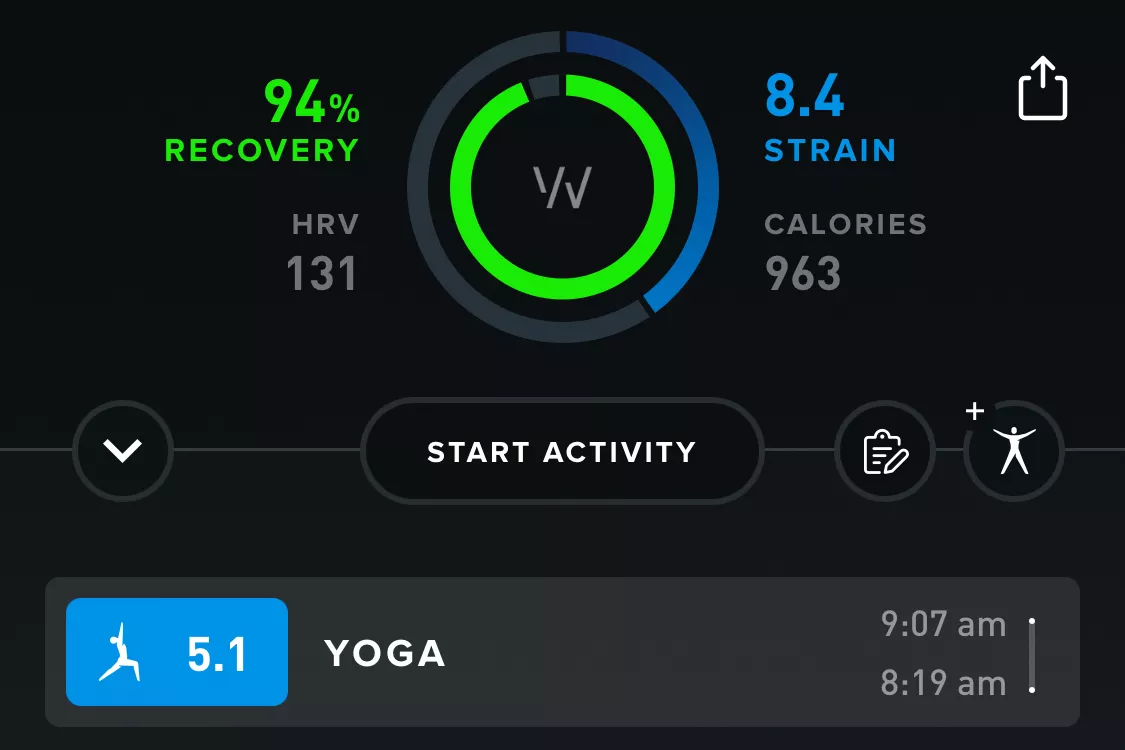 A mobile screen showing Whoop metrics including a 94 percent recovery score and 131 heart rate variability.