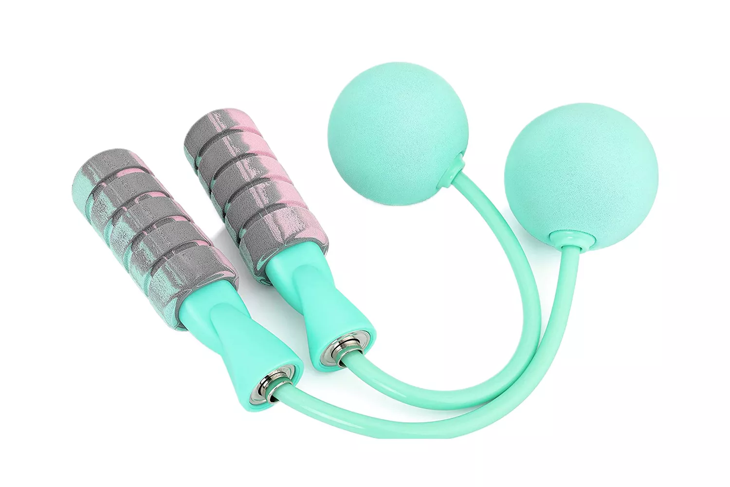Mint green cordless jump rope with foam handles and weighted balls.