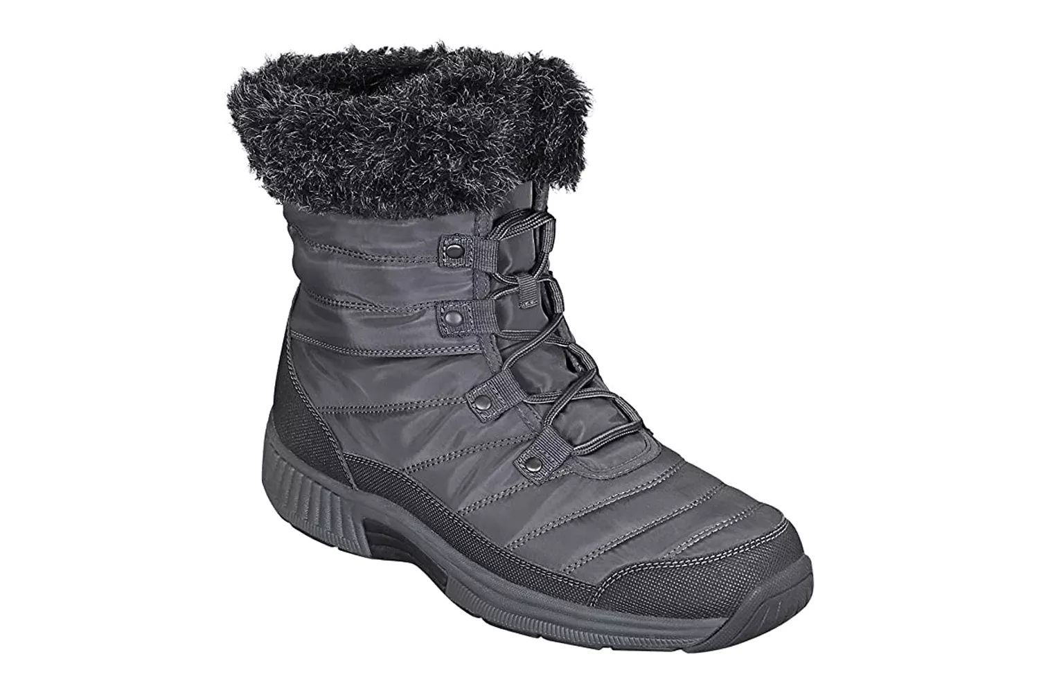 A gray Orthofeet winter boot with adjustable straps and plush lining for orthopedic support.