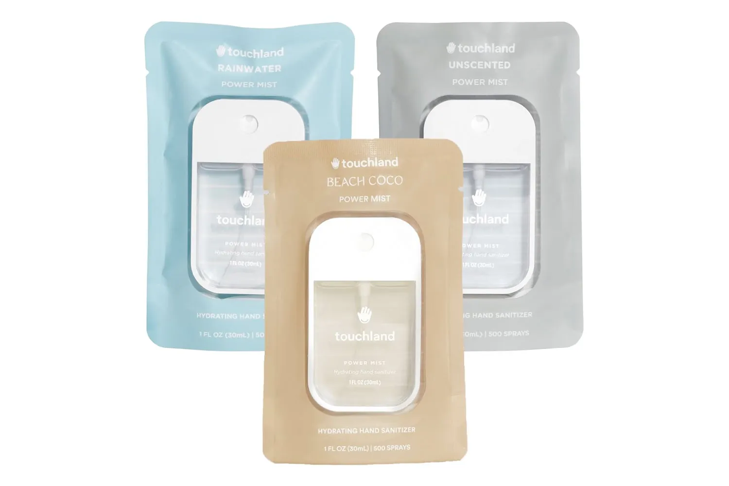 Three different scents of Touchland hydrating hand sanitizer mist.