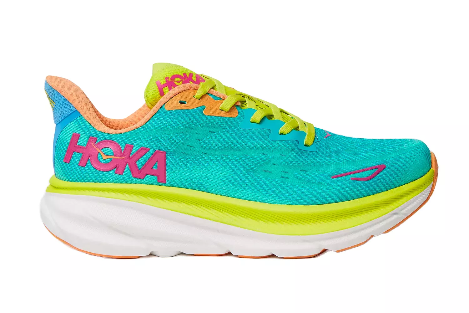 Side profile of a vibrant Hoka Clifton 9 running shoe with a thick midsole.