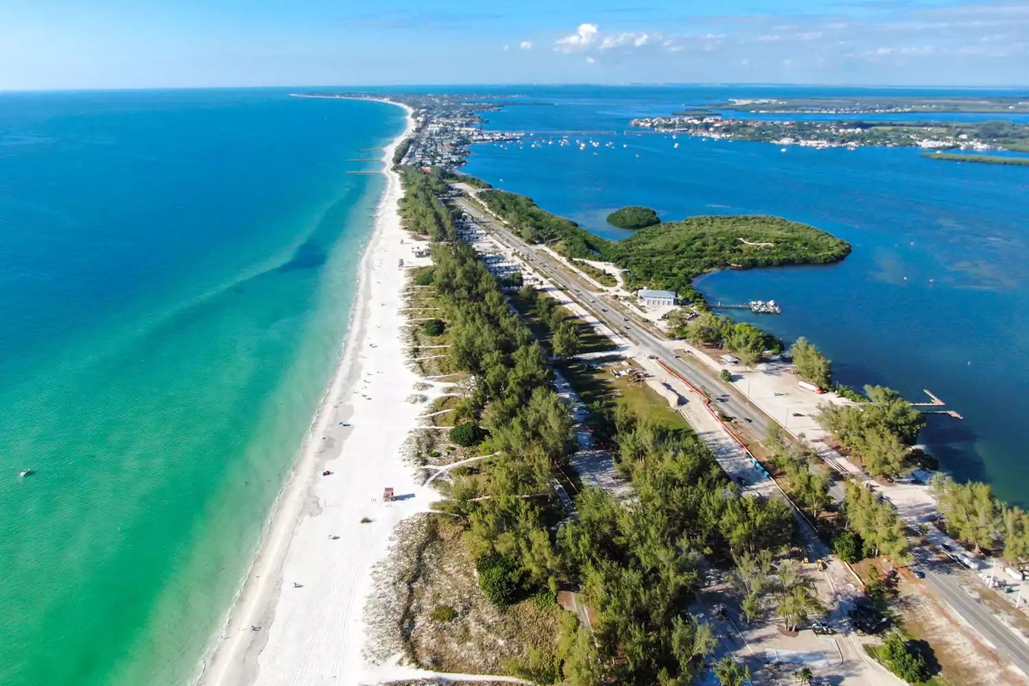 Aerial view of Anna Maria Island's white sand beaches and turquoise blue water.