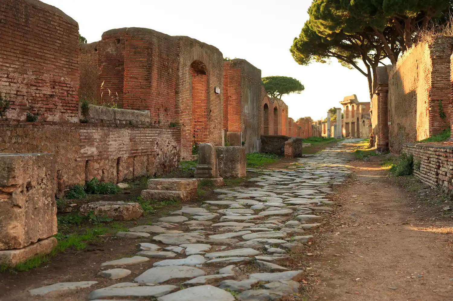 An ancient Roman street in Ostia Antica lined with well-preserved ruins and Mediterranean trees.