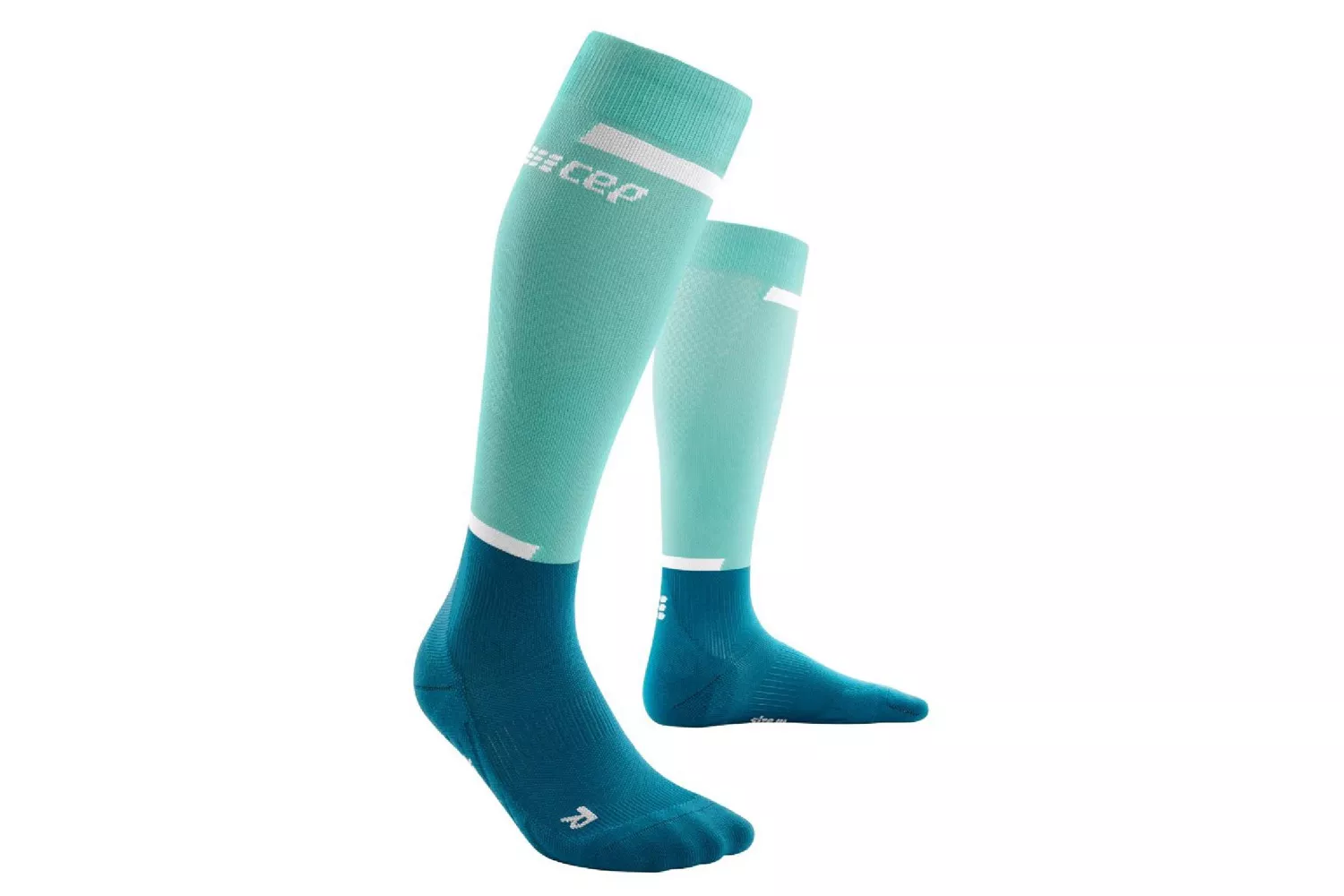 A pair of teal and blue CEP compression socks.