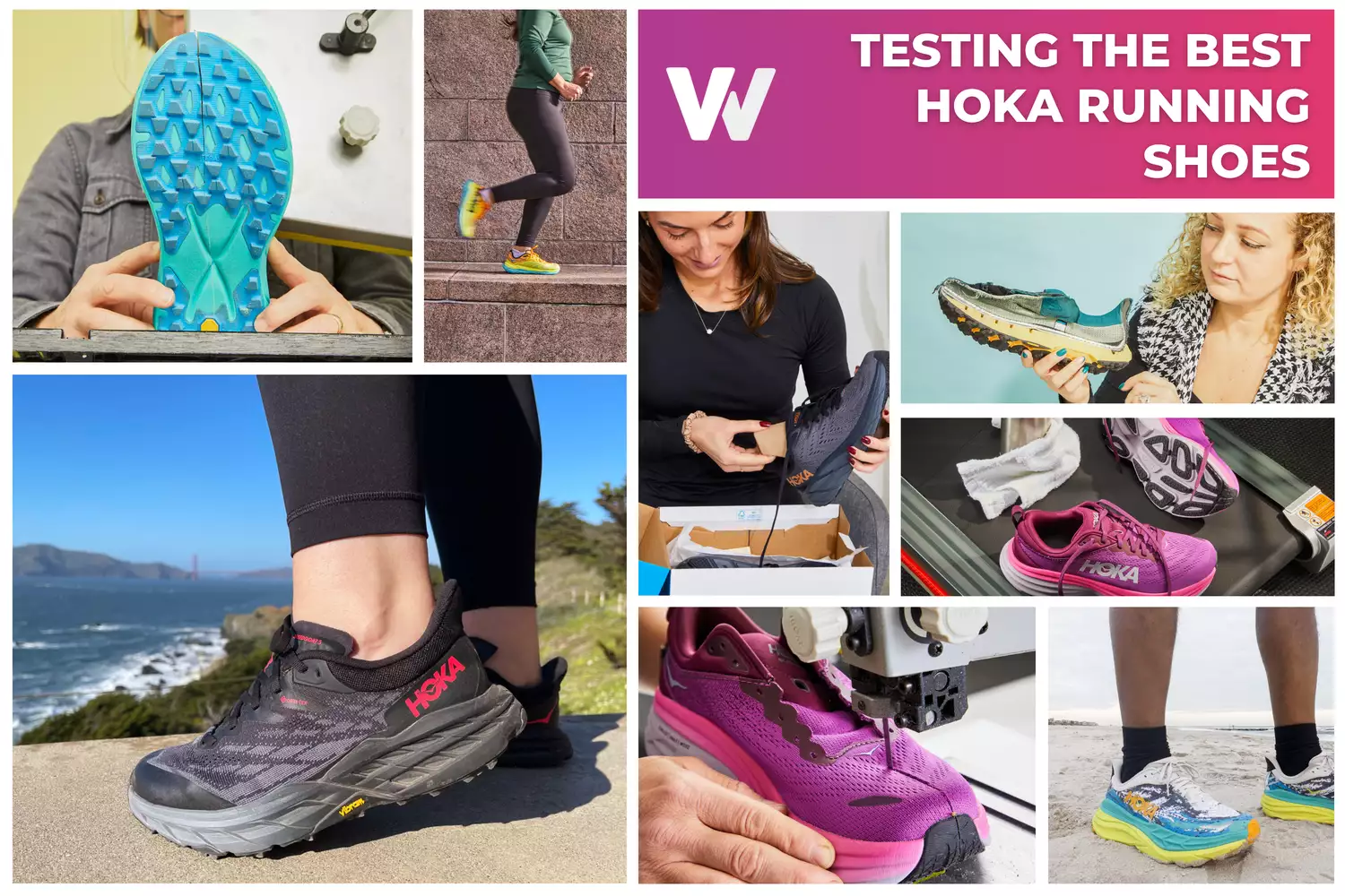 A collage of runners testing different Hoka shoe models on trails and treadmills.