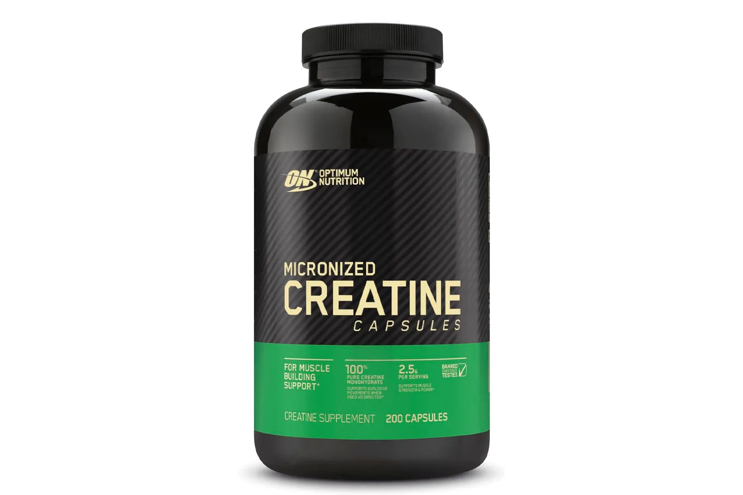 A bottle of Optimum Nutrition Micronized Creatine Capsules.