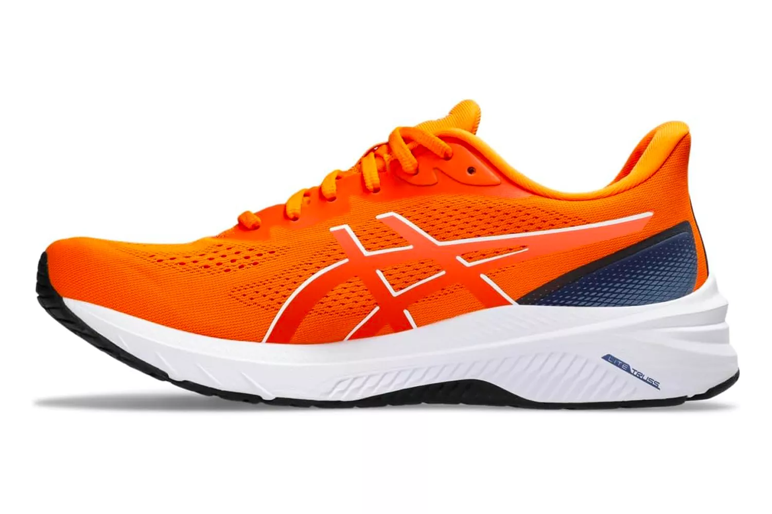 A bright orange ASICS GT-1000 12 shoe highlighting the LiteTruss support system in the midsole.