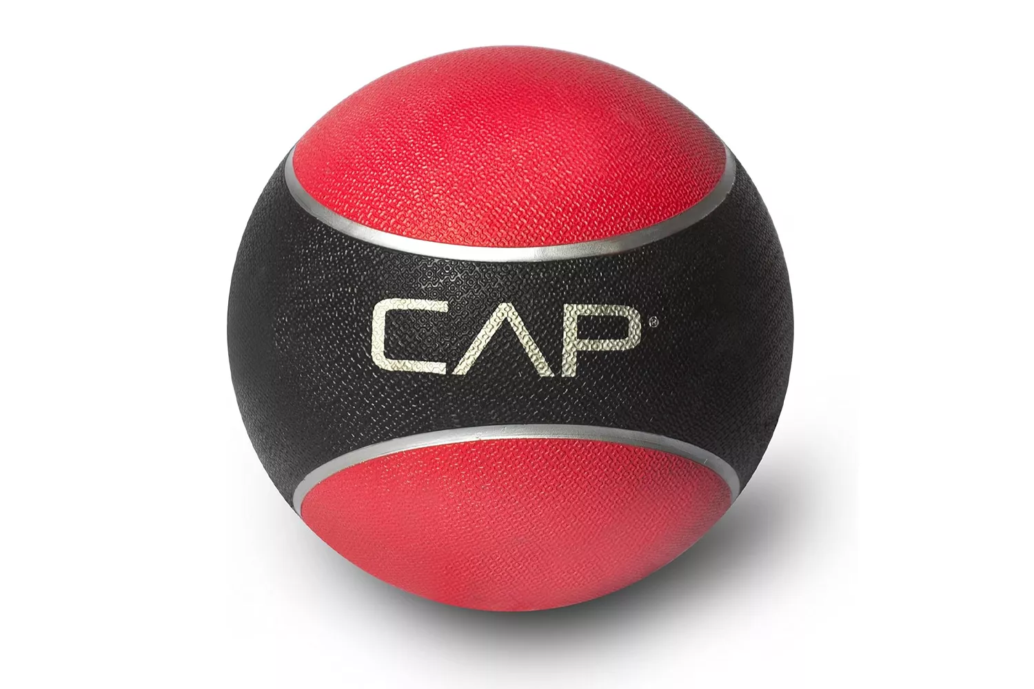 A black and red CAP brand medicine ball designed for strength training.