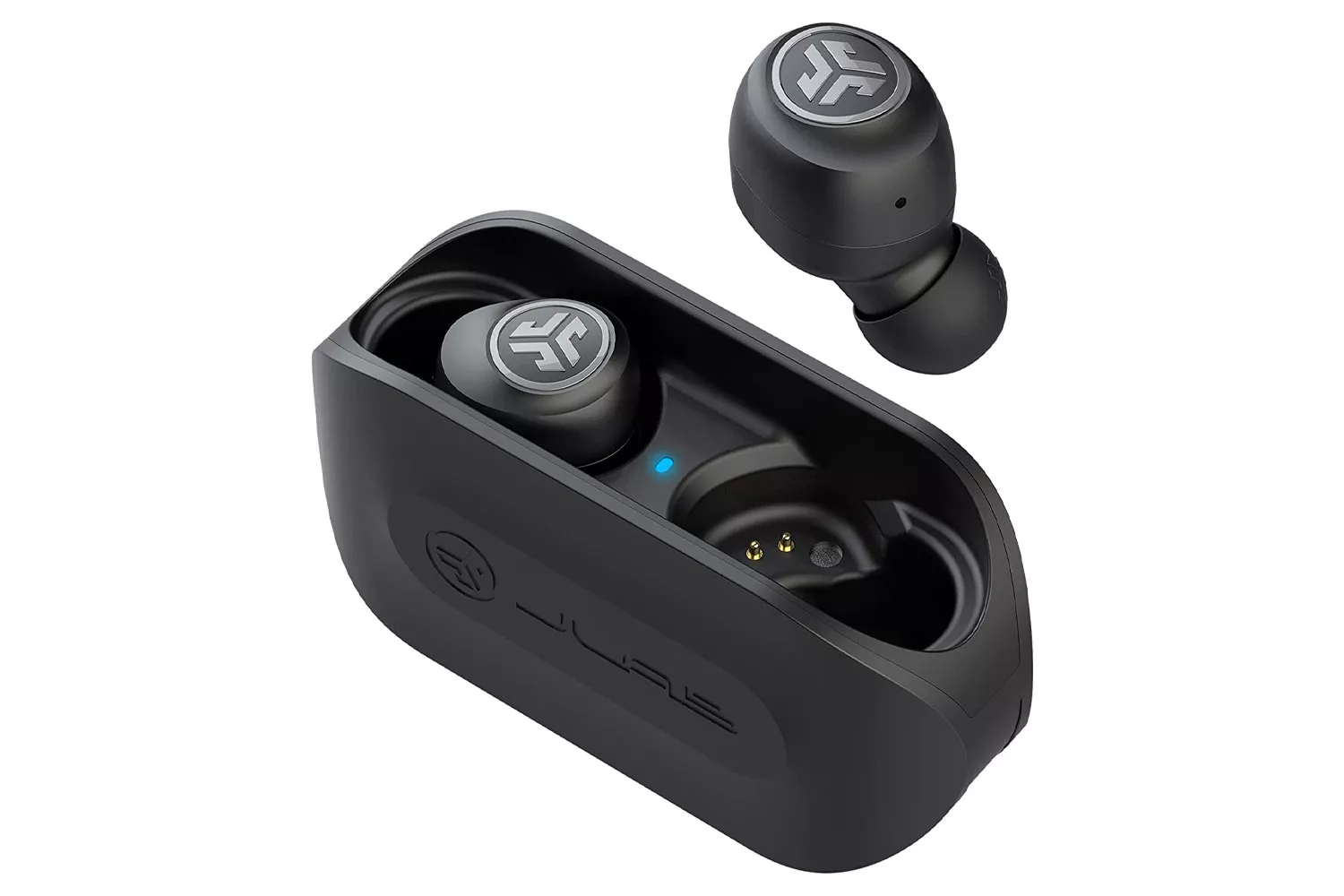 Black JLab wireless earbuds and their compact charging case.