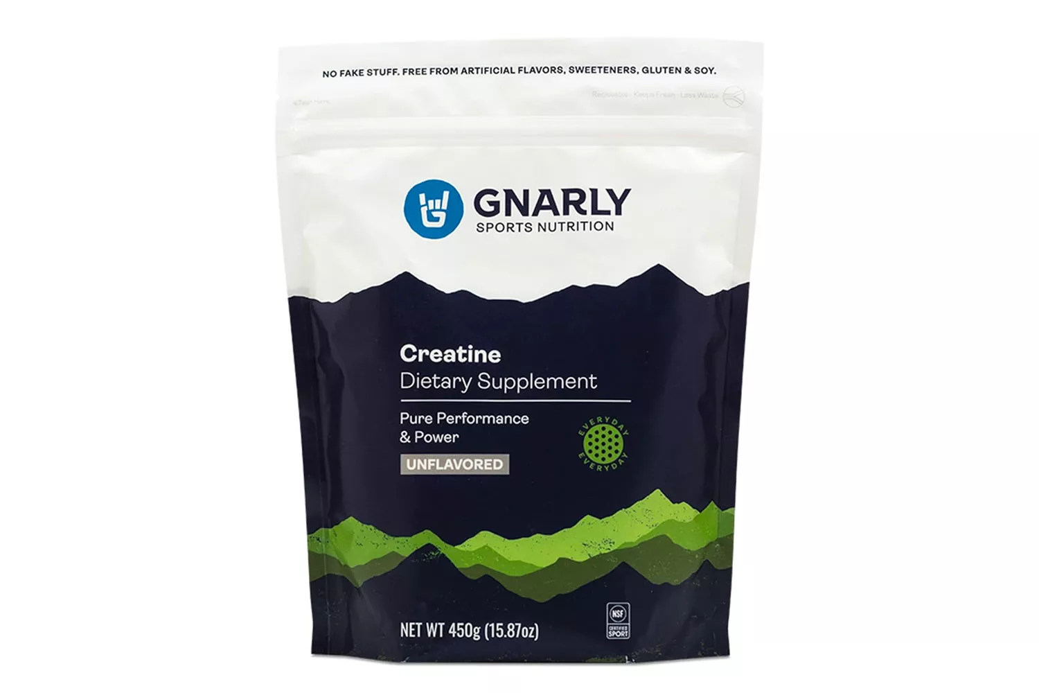 The packaging of Gnarly Sports Nutrition Creatine showing unflavored and NSF certification details.