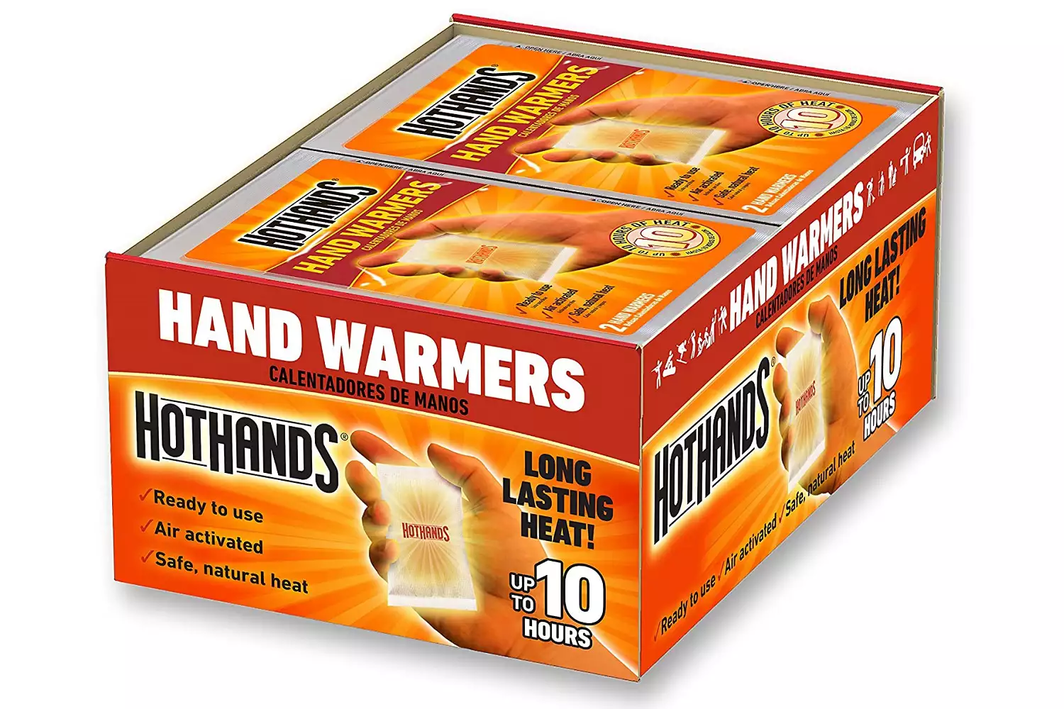 A box of HotHands brand hand warmers with labeling indicating 10 hours of heat.