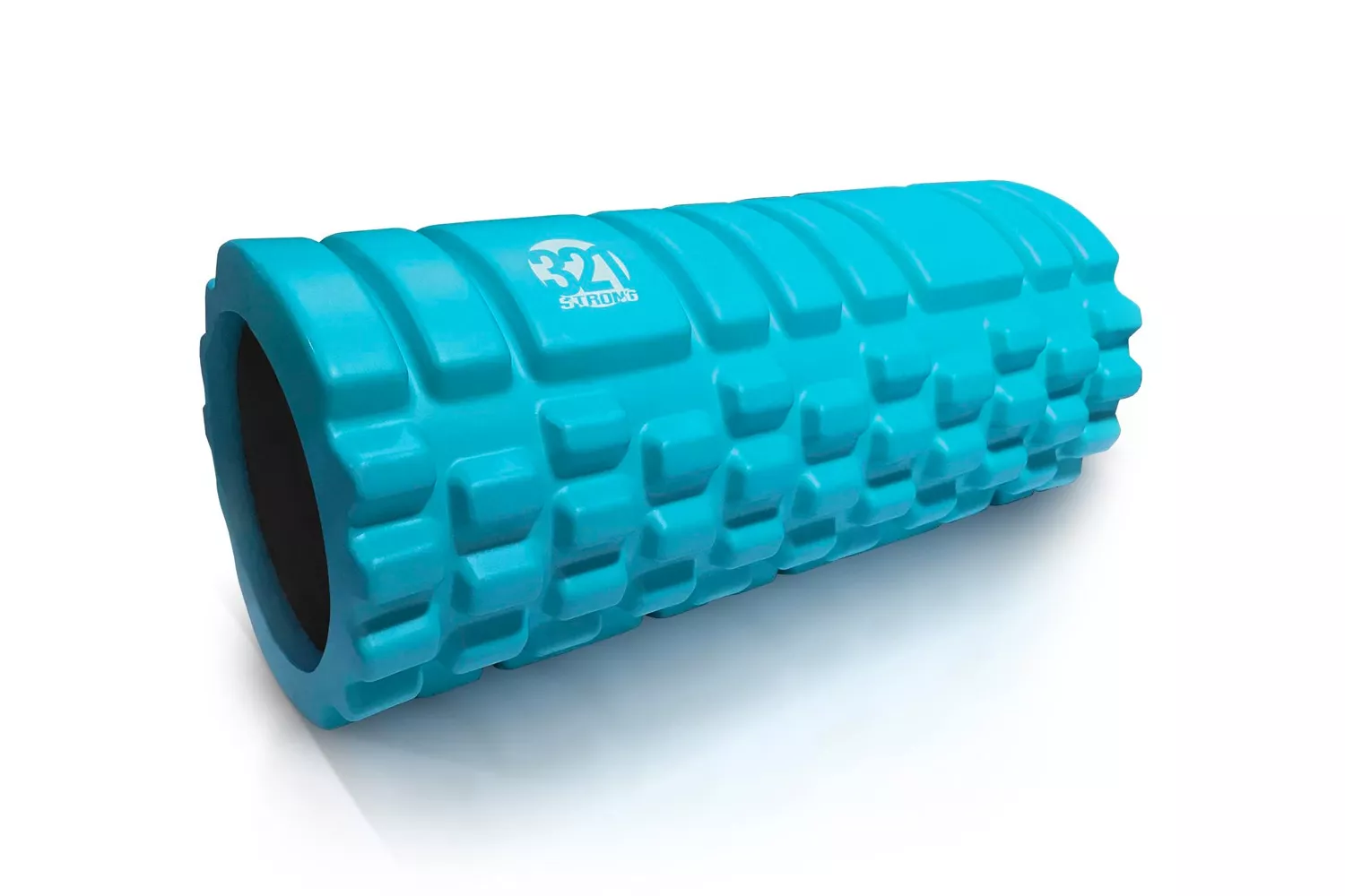 Bright blue 321STRONG foam roller featuring three distinct massage patterns.