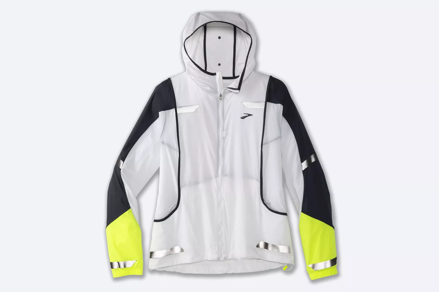 A Brooks Run Visible jacket featuring high-contrast neon and reflective strips on a white background.