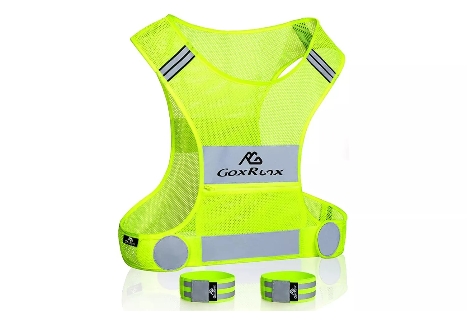 A neon yellow GoxRunx reflective vest and matching armbands laid out on a flat surface.