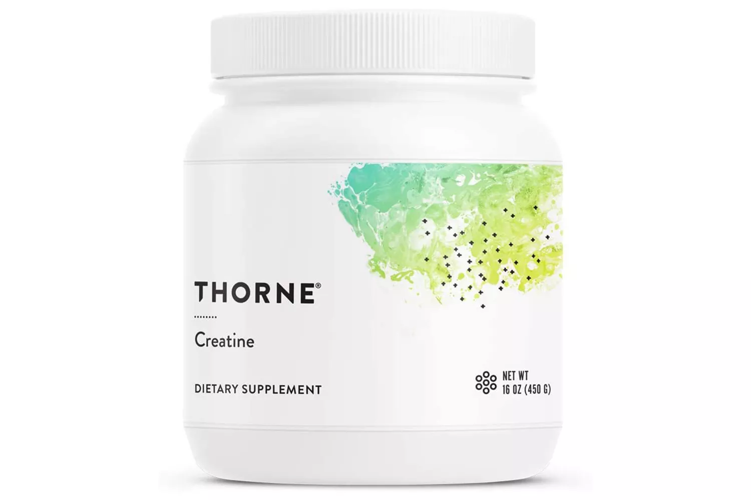 A jar of Thorne Creatine dietary supplement on a clean white background.