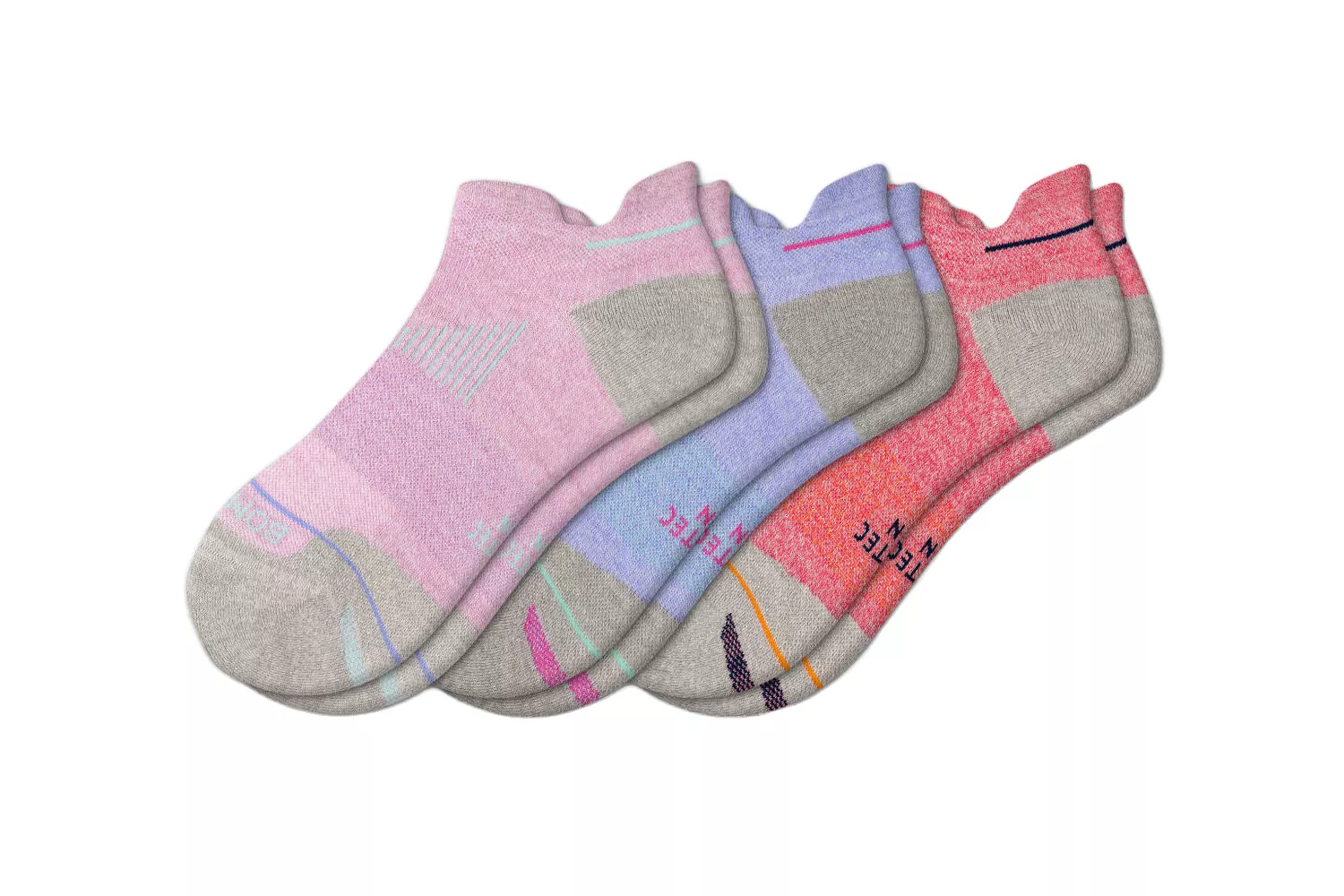 A set of three colorful Bombas ankle socks in pink, lavender, and coral designed for running.