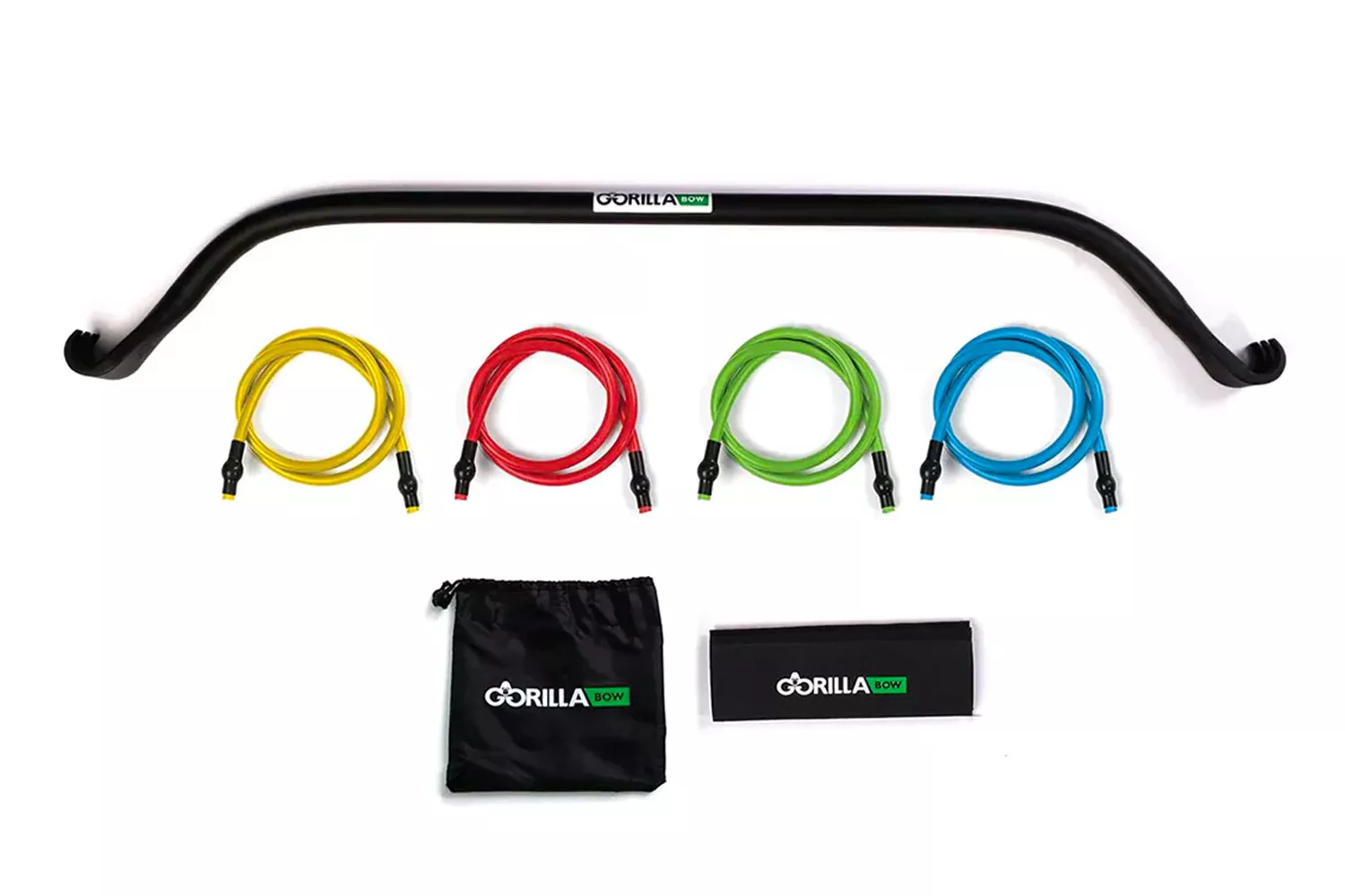 The Gorilla Bow system including the bar and multiple colored resistance bands.
