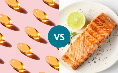 A split image showing fish oil capsules and a grilled salmon fillet side-by-side.