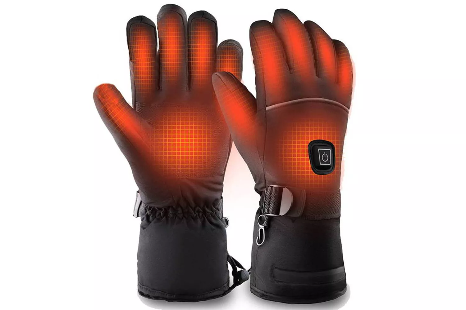 A pair of black winter gloves with a circular power button and glowing orange heating elements.