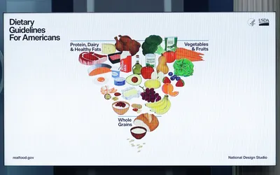 USDA Dietary Guidelines graphic showing various food groups in a heart shape.