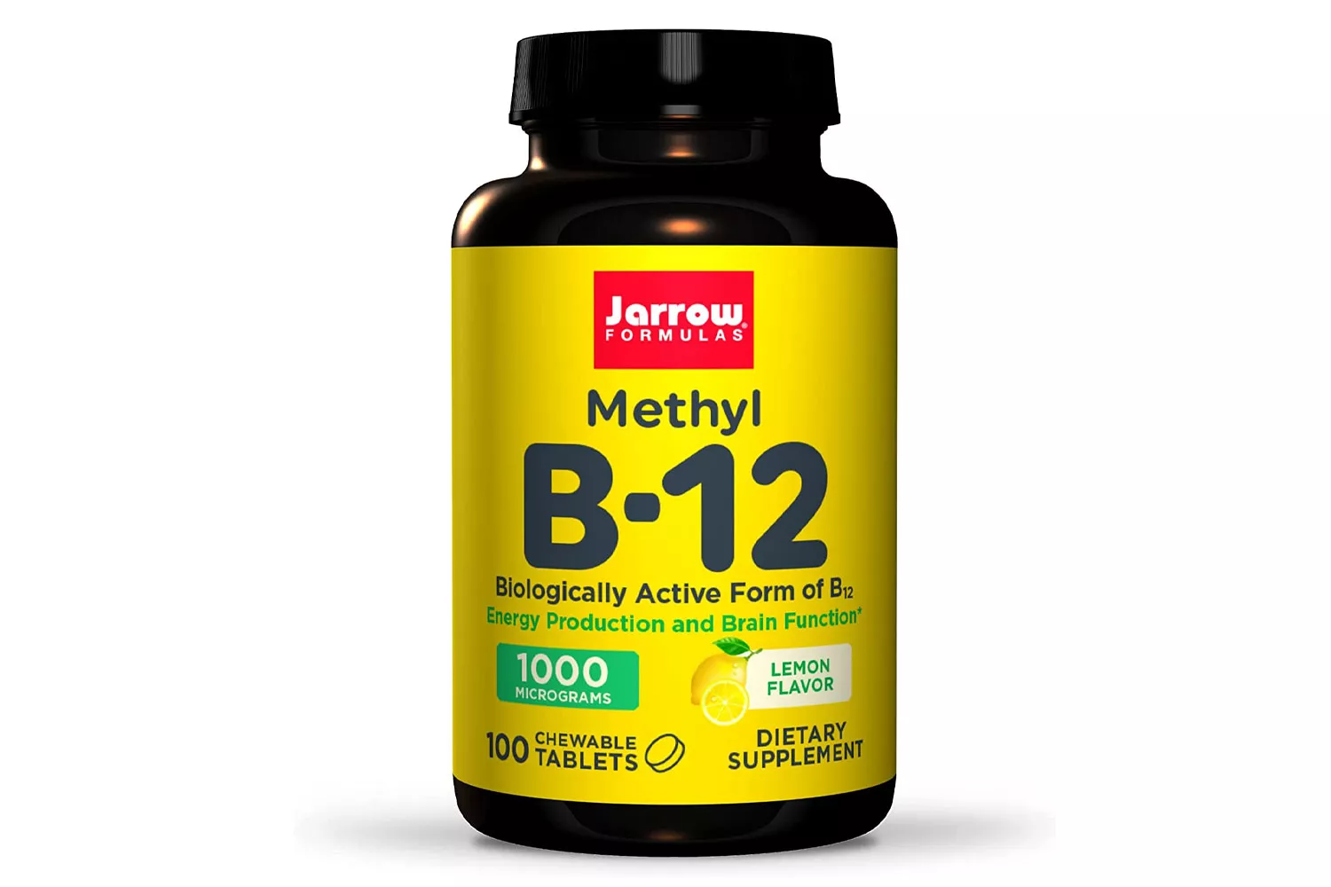 Jarrow Formulas Methyl B-12 chewable tablets in a yellow-labeled bottle.