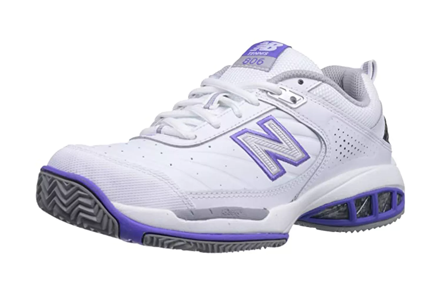 Side profile of the white New Balance Women's 806 V1 Tennis Shoe.