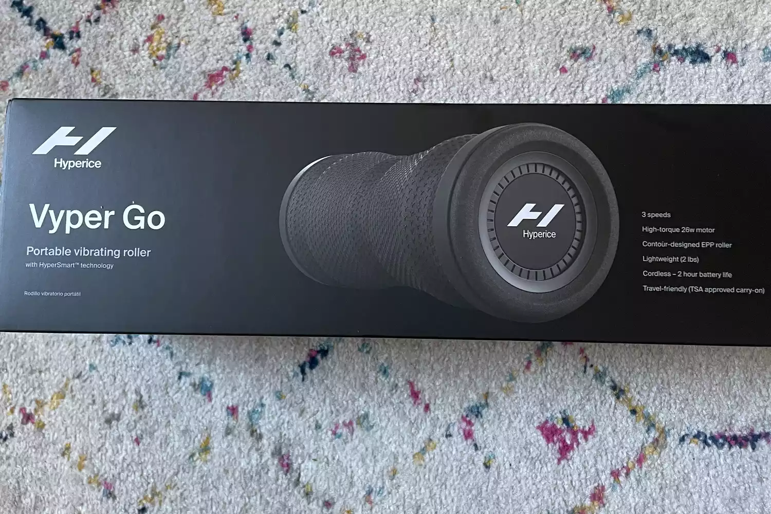 The retail box of a Hyperice Vyper Go showcasing its cordless design and 3-speed settings.